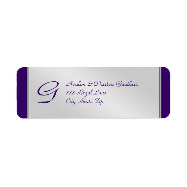 Monogram Silver Metal Purple Wedding Address Label (Front)