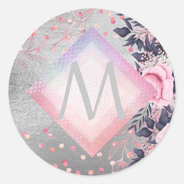 Monogram Silver Navy Rosegold Girly Newlyweds Gift Classic Round Sticker (Front)