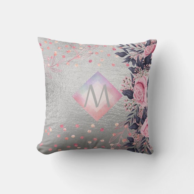 Monogram Silver Navy Rosegold Girly Newlyweds Gift Cushion (Front)