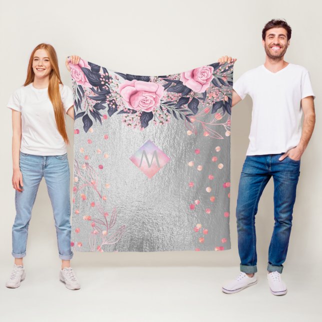 Monogram Silver Navy Rosegold Girly Newlyweds Gift Fleece Blanket (In Situ)