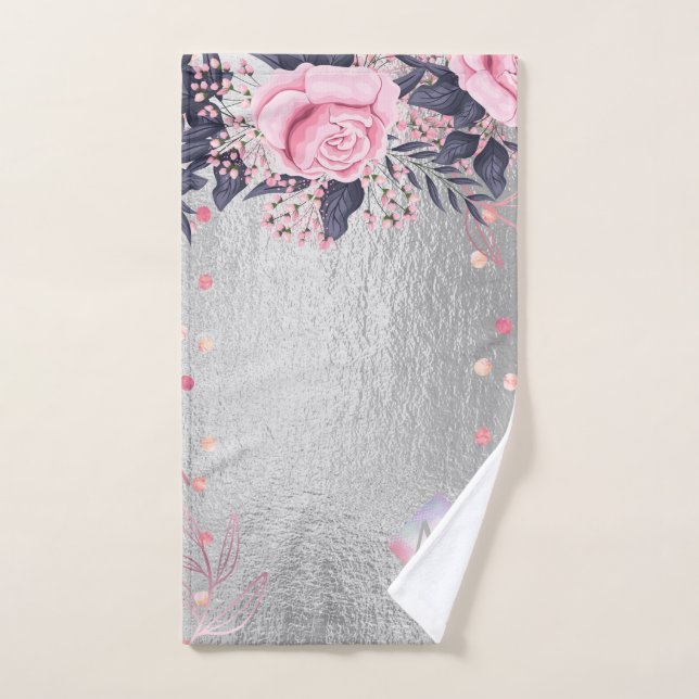 Monogram Silver Navy Rosegold Girly Newlyweds Gift Hand Towel (Hand Towel)