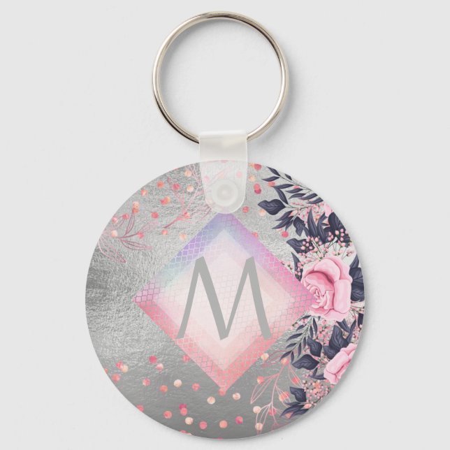Monogram Silver Navy Rosegold Girly Newlyweds Gift Key Ring (Front)