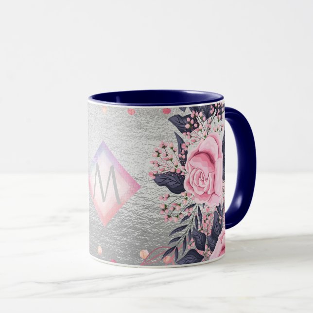 Monogram Silver Navy Rosegold Girly Newlyweds Gift Mug (Front Right)