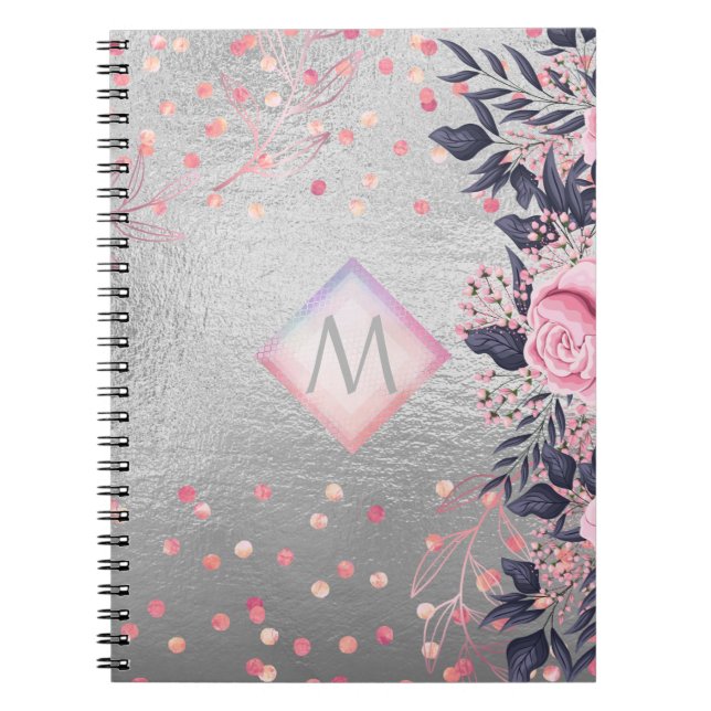 Monogram Silver Navy Rosegold Girly Newlyweds Gift Notebook (Front)