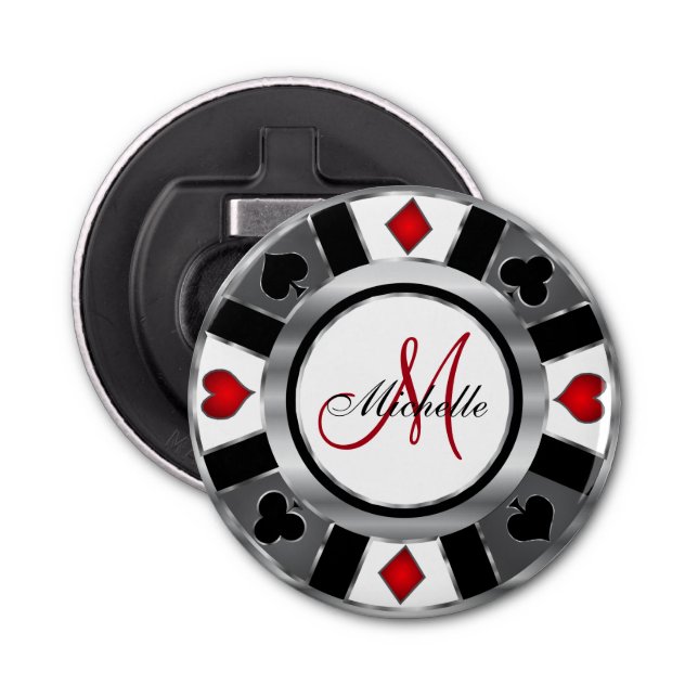 Monogram Silver Poker Chip Design Bottle Opener (Front)