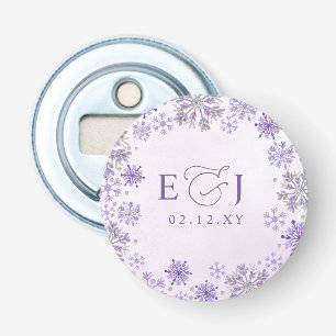 Monogram Silver Purple Snowflakes Winter Wedding Bottle Opener