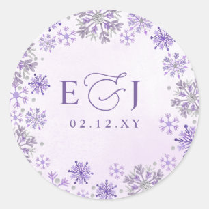Monogram Silver Purple Snowflakes Winter Wedding Classic Round Sticker