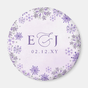 Monogram Silver Purple Snowflakes Winter Wedding Magnet