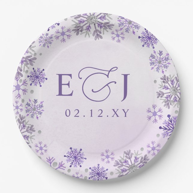 Monogram Silver Purple Snowflakes Winter Wedding Paper Plate (Front)