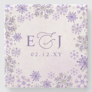 Monogram Silver Purple Snowflakes Winter Wedding Stone Coaster