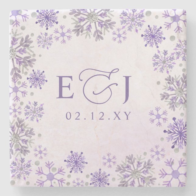 Monogram Silver Purple Snowflakes Winter Wedding Stone Coaster (Front)
