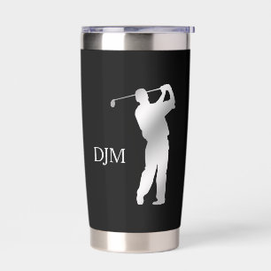 Monogram Silver Silhouette Golfer on Black Insulated Tumbler