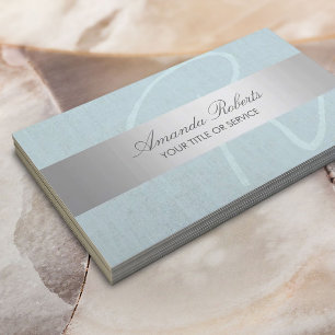Monogram Silver Striped Light Blue Faux Linen Business Card