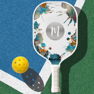 Monogram Silver Turquoise Orange Abstract Splatter Pickleball Paddle