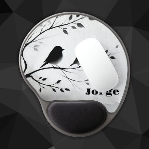 Monogram Simple Black and White Birds in Trees    Gel Mouse Mat