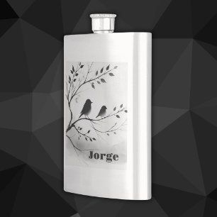 Monogram Simple Black and White Birds in Trees    Hip Flask