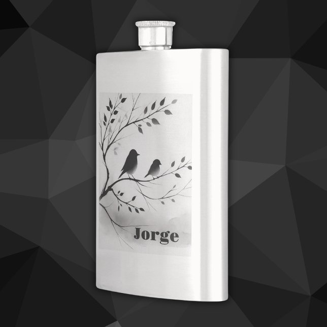 Monogram Simple Black and White Birds in Trees |  Hip Flask (Creator Uploaded)