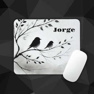 Monogram Simple Black and White Birds in Trees Mouse Mat
