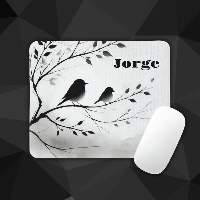 Monogram Simple Black and White Birds in Trees |  Mouse Mat (Creator Uploaded)