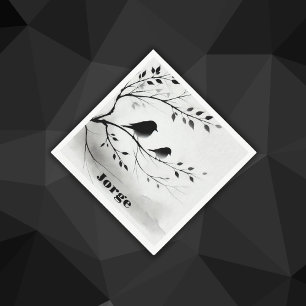 Monogram Simple Black and White Birds in Trees Napkin