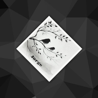 Monogram Simple Black and White Birds in Trees | Napkin