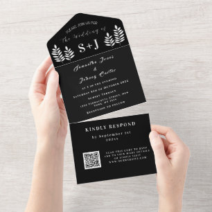 Monogram Simple Black White QR Code Wedding All In One Invitation