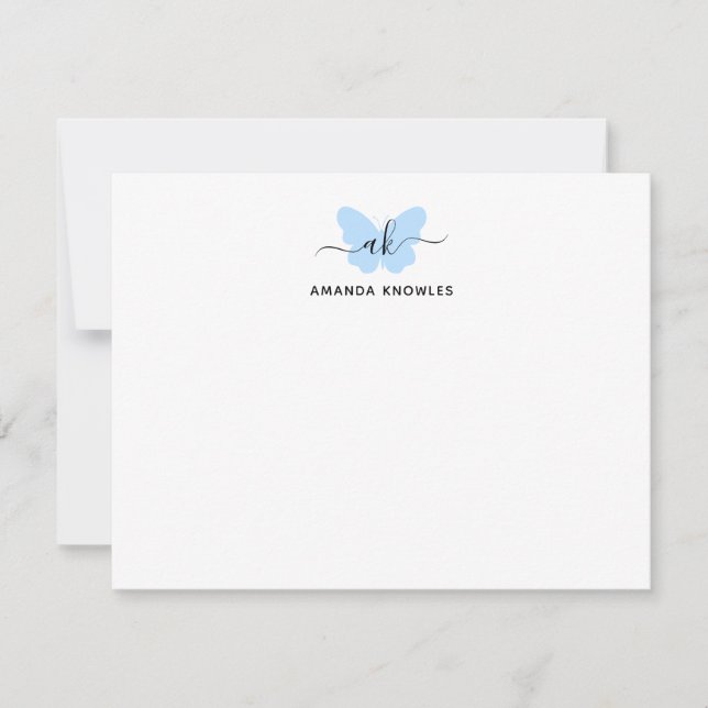 Monogram Simple Blue Butterfly Minimalist Girly Card (Front)