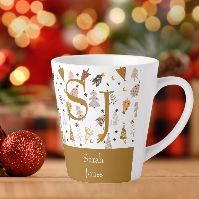 Monogram simple boho trees Christmas Latte Mug (Creator Uploaded)