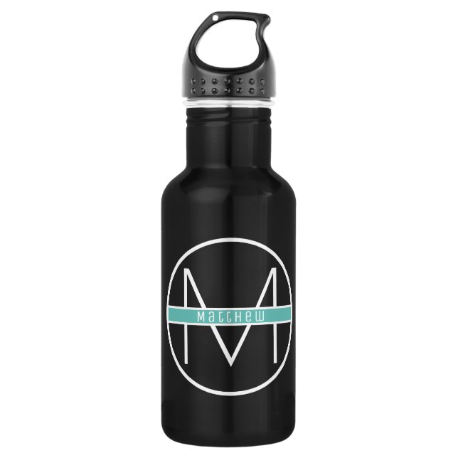 Monogram | Simple Elegant Black & Blue Custom Name 532 Ml Water Bottle (Front)