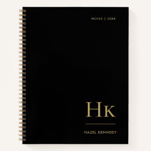 Monogram Simple Elegant Black Gold Personalised Notebook