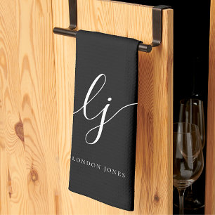Monogram Simple Elegant Calligraphy Black Tea Towel