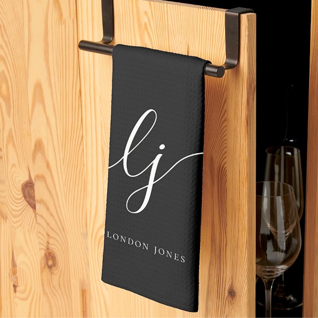 Monogram Simple Elegant Calligraphy Black Tea Towel (Creator Uploaded)