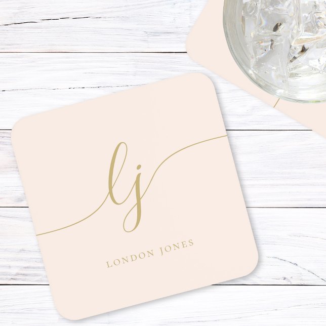 Monogram Simple Elegant Calligraphy Blush Gold Coaster (Creator Uploaded)