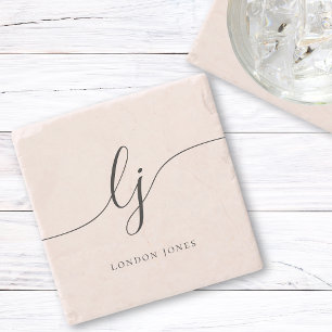 Monogram Simple Elegant Calligraphy Feminine Stone Coaster