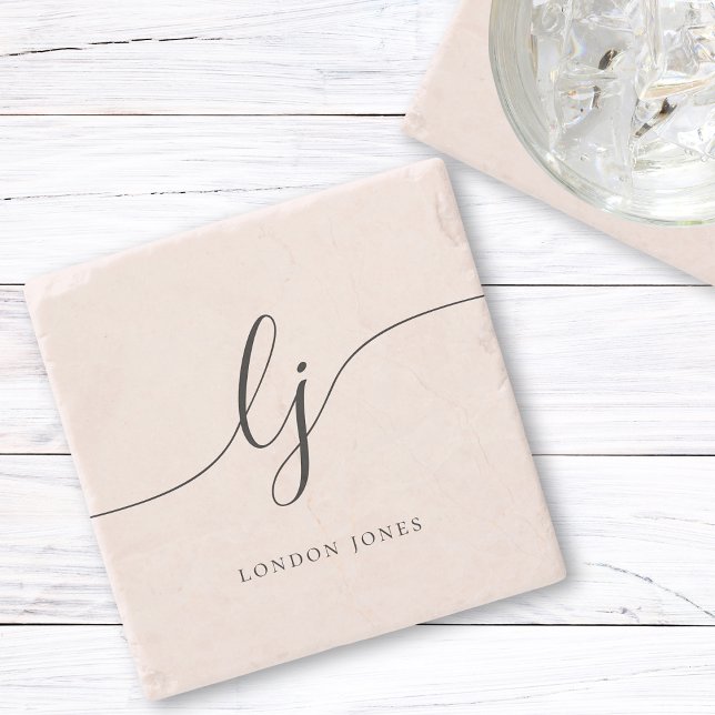 Monogram Simple Elegant Calligraphy Feminine Stone Coaster (Creator Uploaded)