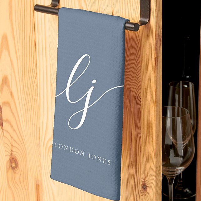 Monogram Simple Elegant Calligraphy Navy Script Tea Towel (Creator Uploaded)