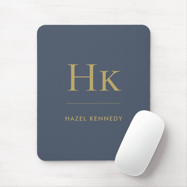Monogram Simple Elegant Classic Navy Blue Gold Mouse Mat (With Mouse)