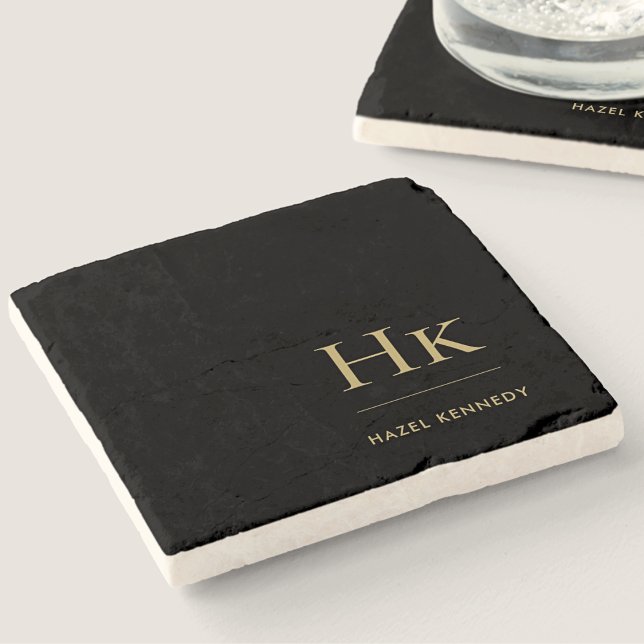 Monogram Simple Elegant Feminine Black Gold Stone Coaster (Creator Uploaded)