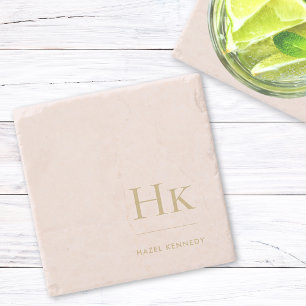 Monogram Simple Elegant Feminine Blush Pink Gold Stone Coaster