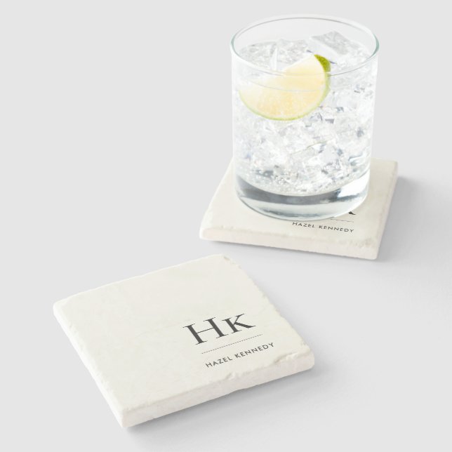 Monogram Simple Elegant Feminine Ivory White Stone Coaster (Side)