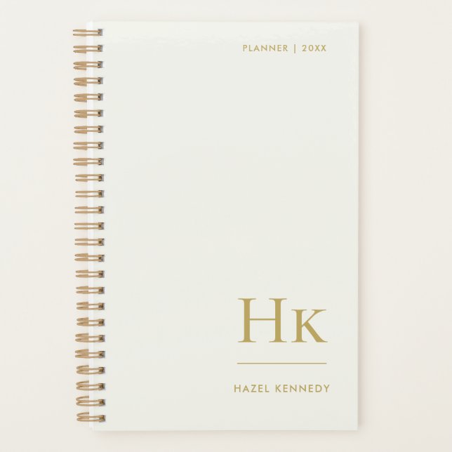 Monogram Simple Elegant Ivory Gold Personalized Planner (Front)