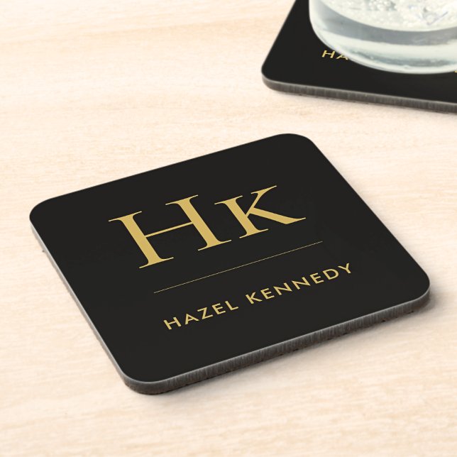 Monogram Simple Elegant Minimalist Black Gold Coaster (Creator Uploaded)