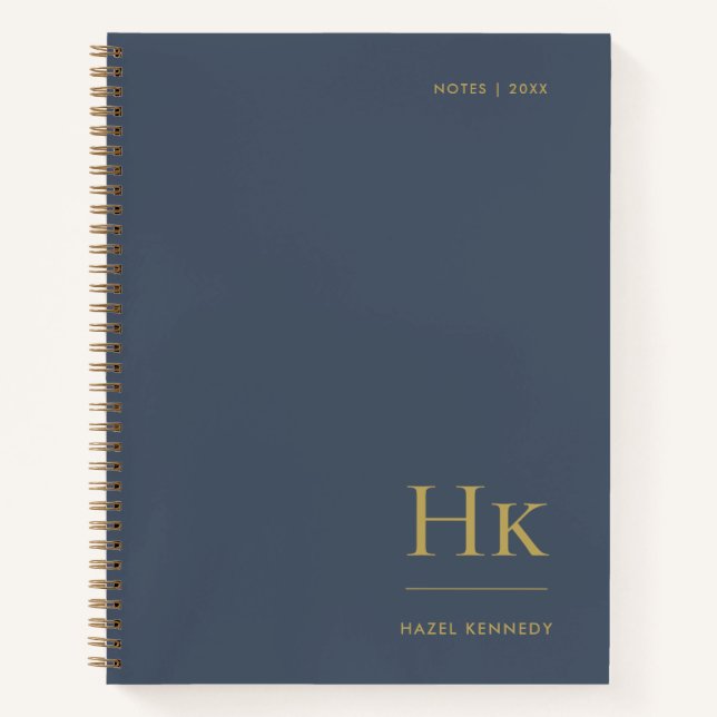 Monogram Simple Elegant Navy Gold Personalised Notebook (Front)