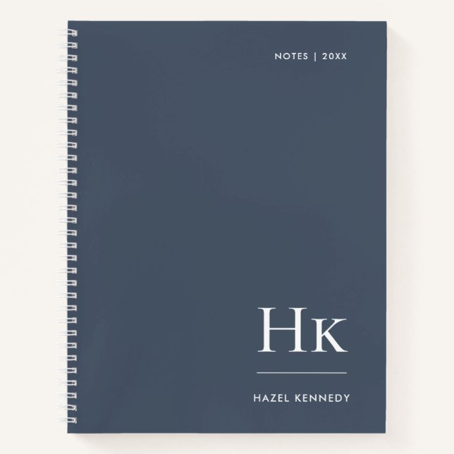 Monogram Simple Elegant Navy Personalised Name Notebook (Front)