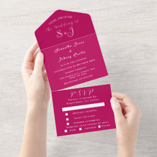 Monogram Simple Fuchsia Hot Pink Wedding All In One Invitation