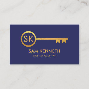 Monogram Simple Gold Home Key Real Estate Realtor Business Card