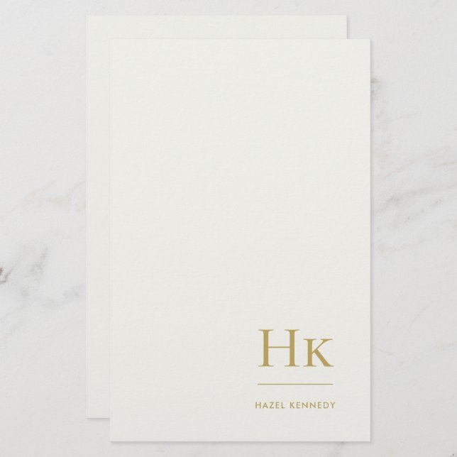 Monogram Simple Ivory Gold Monogrammed Custom Stationery (Front/Back)