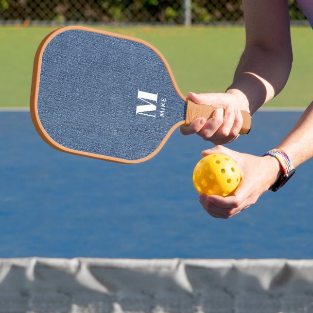 Monogram Simple Modern Blue Denim Print Pickleball Paddle (Insitu)