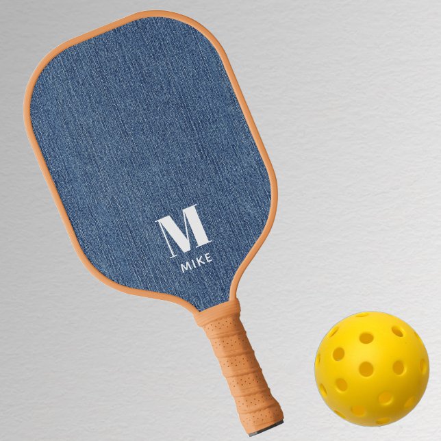 Monogram Simple Modern Blue Denim Print Pickleball Paddle (Creator Uploaded)