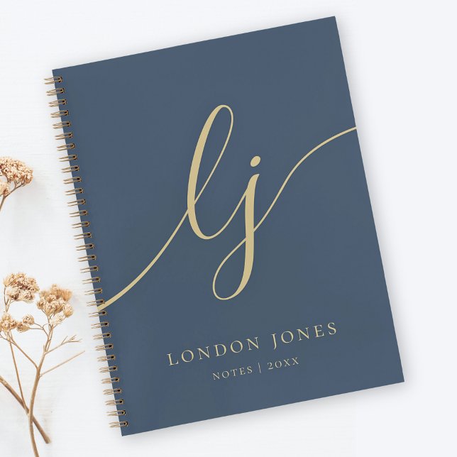 Monogram Simple Navy Blue Gold Personalised Name Notebook (Creator Uploaded)